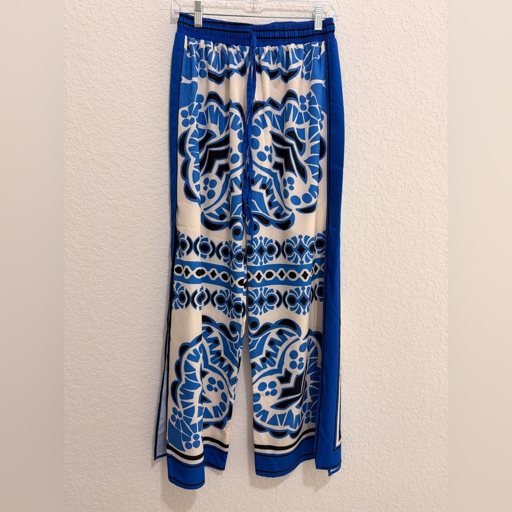 Shein Blue & White Printed Wide Leg Palazzo Pants | Elastic Waist Side Slits